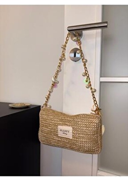 Charm Zincirli Inci Hasır Çanta/ Gold Askılı Kadın El ve Omuz Çantası (25X15)