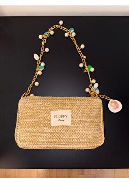 Charm Zincirli Inci Hasır Çanta/ Gold Askılı Kadın El ve Omuz Çantası (25X15)