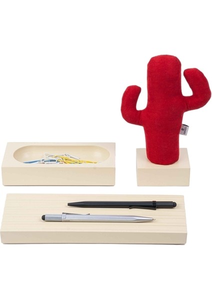 Kayigo Woody Krem Üçlü Ofis Seti - Kırmızı Cactus
