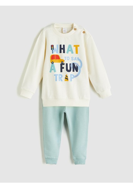 Yeni Sezon Bisiklet Yaka Baskılı Erkek Bebek Sweatshirt ve Eşofman Alt 2'li