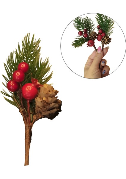 Kokina Yılbaşı Çiçeği, Yapay Çam Kozalaklı Kiraz Demeti, Yeniyıl Süsü, 13 cm - 1 Adet
