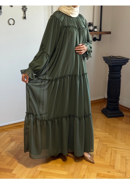 Haki Reglan Kol Büzgülü Şifon Elbise 1005