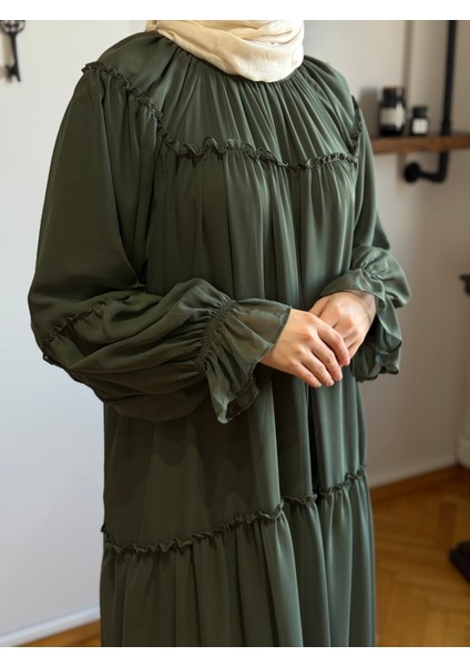 Haki Reglan Kol Büzgülü Şifon Elbise 1005 modelleri
