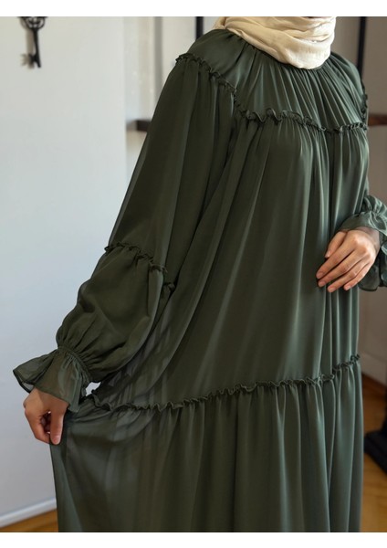Haki Reglan Kol Büzgülü Şifon Elbise 1005 fırsatları