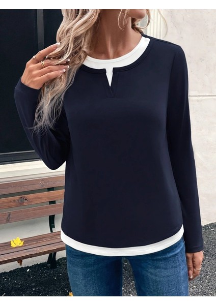 Kadın Uzun Kollu V Yakalı Çift Renkli Viskon Iki Iplik Bluz