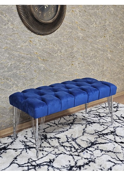 Krom Tel Ayaklı 90 cm Puf Bench - Puf - Bench - Kasalı Oturak - Oturak - Yatak Ucu Puf Mavi Renk 90 x 40 Boyut/ebat