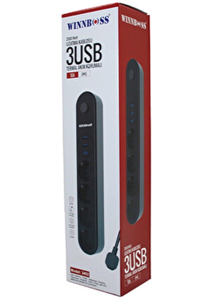 Termal Akım Korumalı 4lü Priz 3xusb 2mt Anahtarlı Uzatma Kablo Siyah 10A - 2500W (5263)