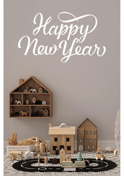 Happy New Year Temalı Vitrin Cam Sticker Dekorasyon 90 x 50 Model 3 Beyaz