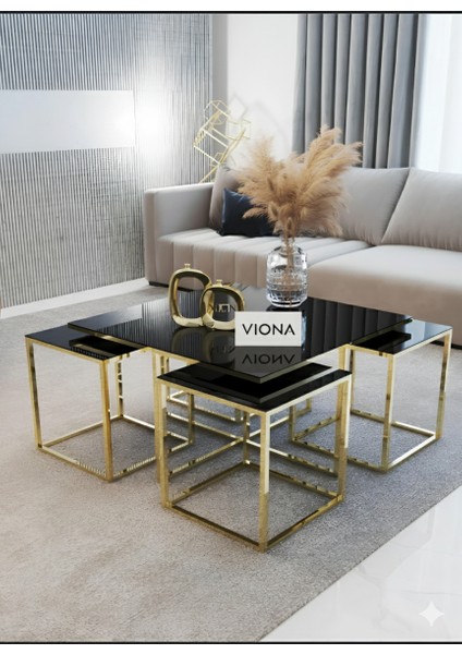 Combot 5'li Gold Kaplama Siyah Aynalı Orta Sehpa & Zigon Sehpa & Yan Sehpa modelleri