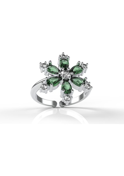 925 Ayar Zümrüt Taşlı Rodyum Lotus Çiçeği Ayarlanabilir Gümüş Yüzük modelleri