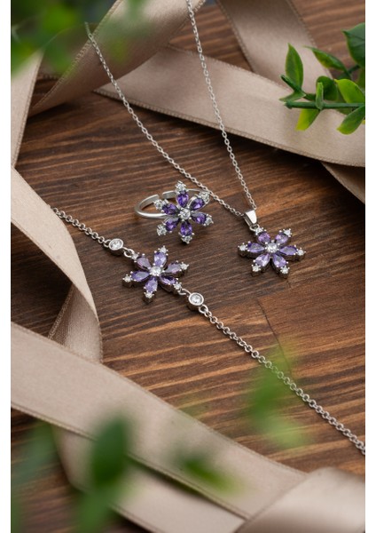 925 Ayar Ametist Taşlı Rodyum Lotus Çiçeği 3'lü Gümüş Set