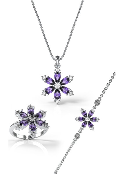 925 Ayar Ametist Taşlı Rodyum Lotus Çiçeği 3'lü Gümüş Set modelleri