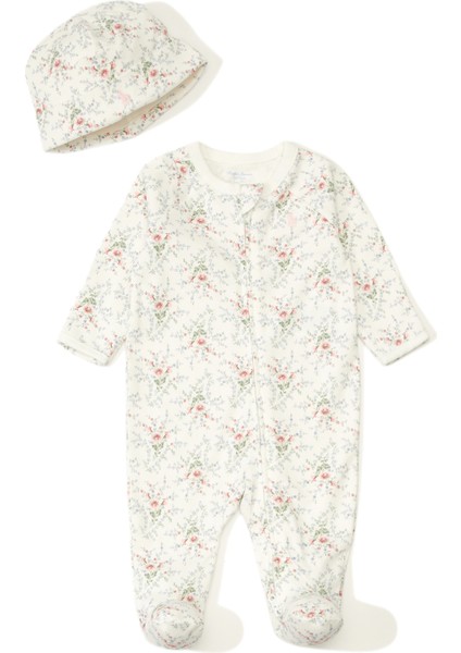 Krem Mikro Çiçek Desenli Kız Bebek 2li Set