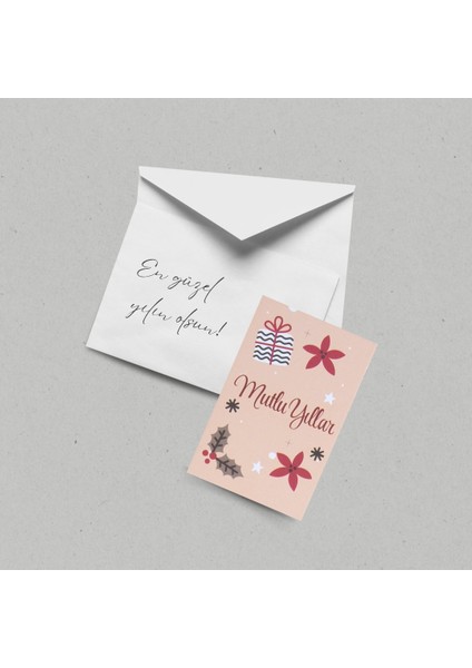 Yılbaşı Mutlu Yıllar Yazılı Hediye Kart Seti, Yeniyıl Paketleme Kartı, 25 ADET-6,5X10 Cm, Bej-2 modelleri