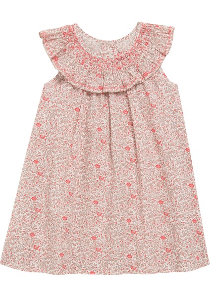 Renkli Desenli Fırfır Yaka Kolsuz Kız Bebek Elbise