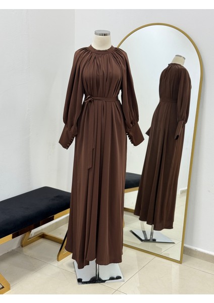 Acı Kahve Reglan Kol Büzgülü Elbise 5072