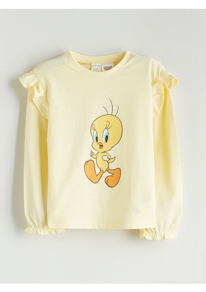 Yeni Sezon Bisiklet Yaka Tweety Baskılı Fırfırlı Kız Bebek Bluz ve Tayt 2'li fiyatları