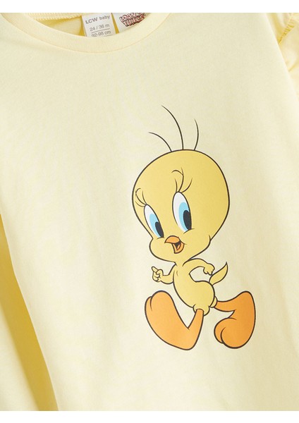 Yeni Sezon Bisiklet Yaka Tweety Baskılı Fırfırlı Kız Bebek Bluz ve Tayt 2'li modelleri