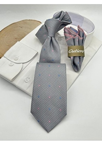 Gri Noktalı Mendilli Klasik Kravat