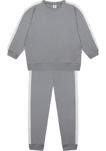 Beyaz Kontrastlı Gri Sweatshirt & Pantolon Erkek Çocuk 2'li Set