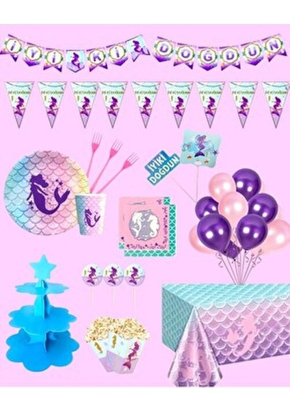 Deniz Kızı Doğum Günü Parti Seti 16 Kişilik Pembe Renkli Masa Süsleri ve Balonlar