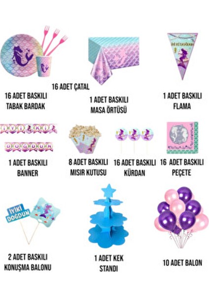 Deniz Kızı Doğum Günü Parti Seti 16 Kişilik Pembe Renkli Masa Süsleri ve Balonlar fiyatları