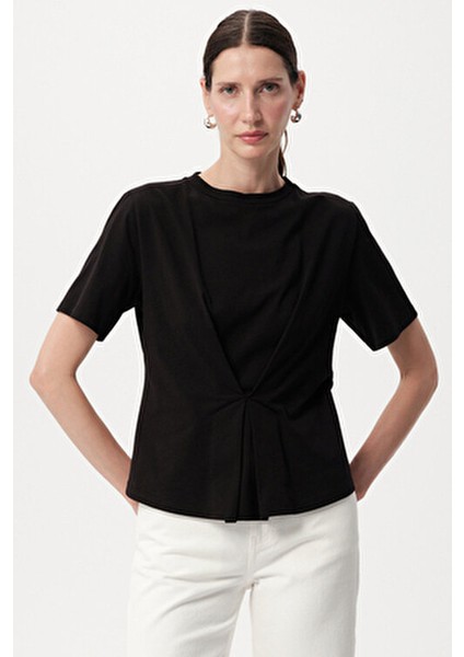 Fiyonk Görünümlü Bisiklet Yaka Örme Siyah Tişört modelleri