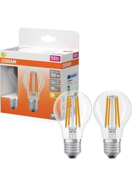 LED Flament 11W 2700K 1521LM E27 Duy Sarı Işık 2'li Ampul