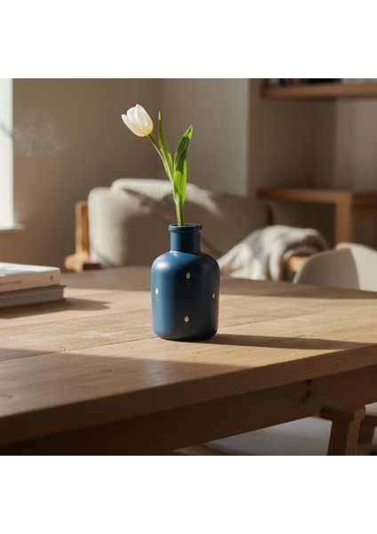 Koyu Petrol Mavisi Küçük Lale Desenli Dekoratif Vazo 10 cm x 6,5 cm