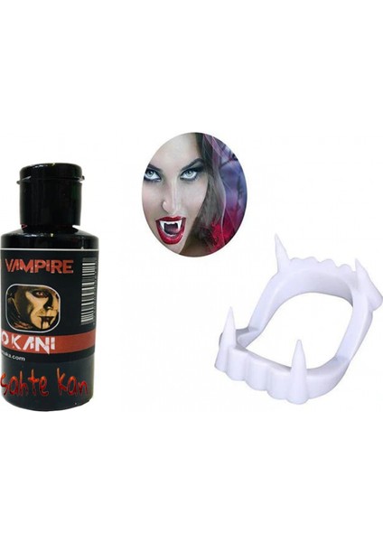 Beyaz Renk Çift Damak Takma Vampir Dişi ve 50 gr Tiyatro Kanı (4887)
