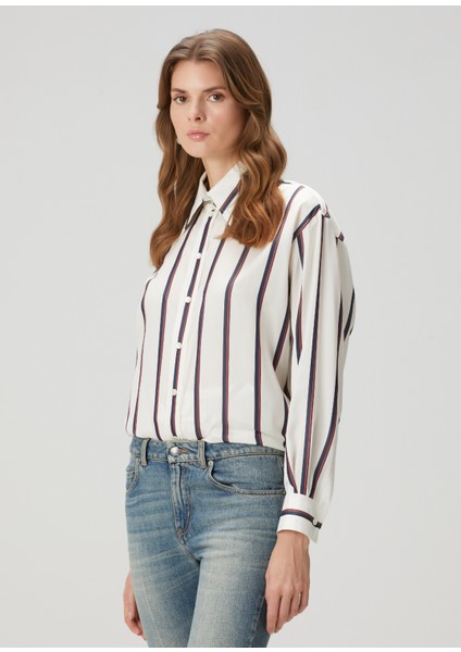 Kırık Beyaz Çizgili Ipek Gömlek