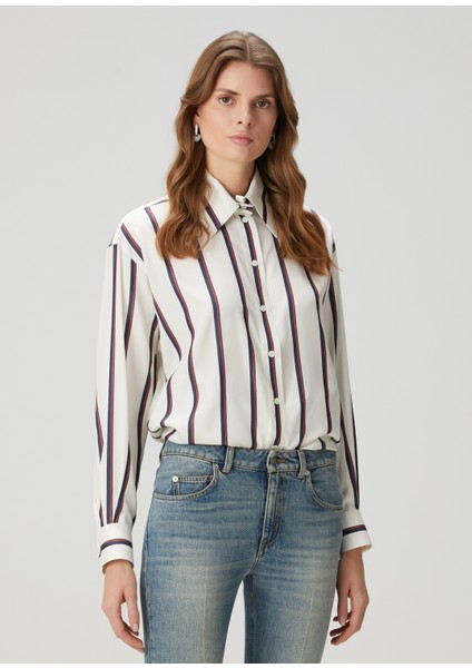 Kırık Beyaz Çizgili Ipek Gömlek modelleri