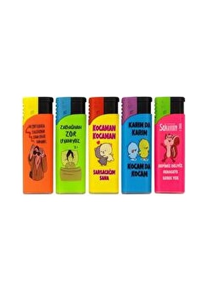 5’li Renkli Yazılı Karikatür Desenli Gazlı Çakmak Seti – Neon Tasarım