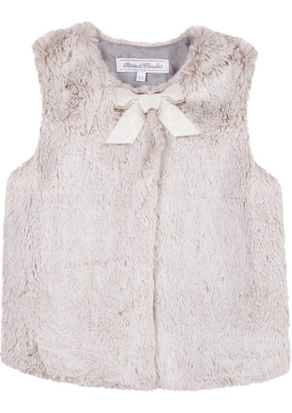 Gri Kürk Görünümlü Fiyonk Detaylı Kız Çocuk Peluş Yelek