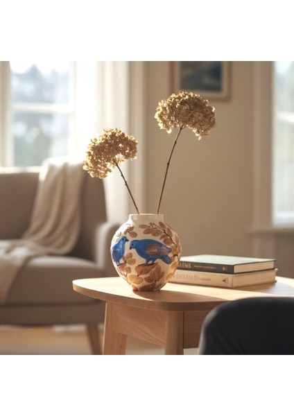 Mavi ve Kırmızı Kuş Desenli Yapraklı Dekoratif Vazo 11 cm x 10 cm fiyatları