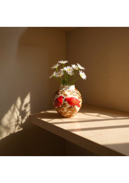 Mavi ve Kırmızı Kuş Desenli Yapraklı Dekoratif Vazo 11 cm x 10 cm modelleri