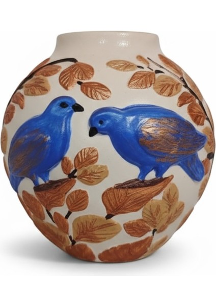 Mavi ve Kırmızı Kuş Desenli Yapraklı Dekoratif Vazo 11 cm x 10 cm fırsatları