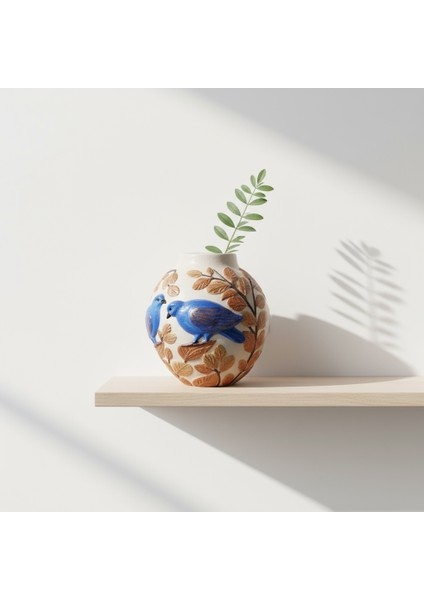 Mavi ve Kırmızı Kuş Desenli Yapraklı Dekoratif Vazo 11 cm x 10 cm indirimleri