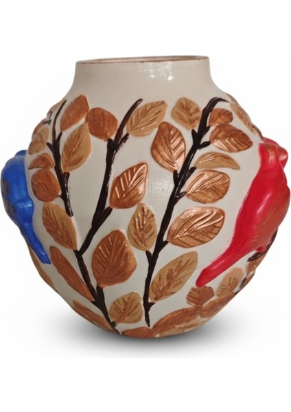 Mavi ve Kırmızı Kuş Desenli Yapraklı Dekoratif Vazo 11 cm x 10 cm