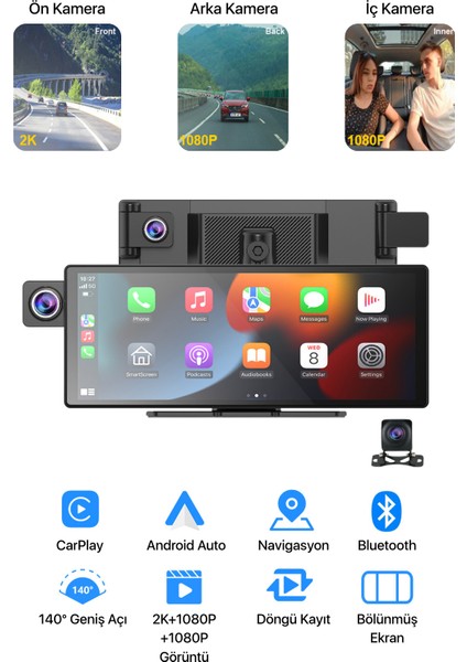 3 Kameralı Multimedya Ekranı | Carplay & Android Auto | Ön, Arka, Iç Kamera | 3in1 | 11.3" Ekran