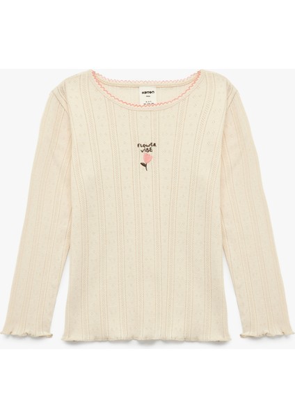 Pamuklu Bisiklet Yaka Nakış Detaylı Uzun Kollu Tişört