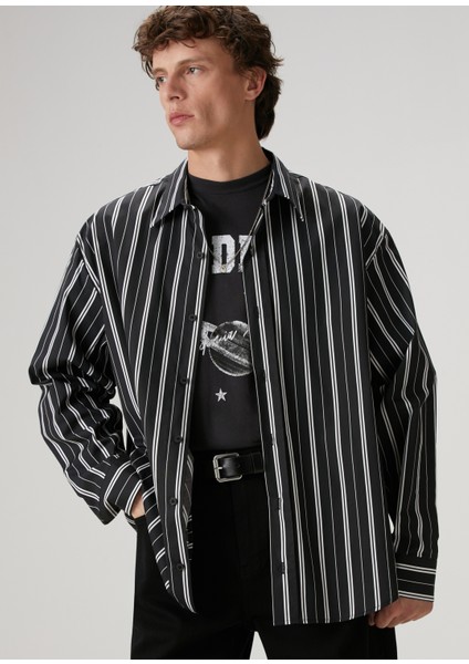 Siyah Çizgi Desenli Oversized Poplin Gömlek