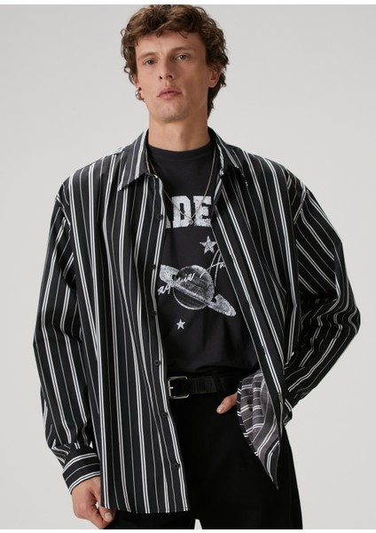 Siyah Çizgi Desenli Oversized Poplin Gömlek fiyatları