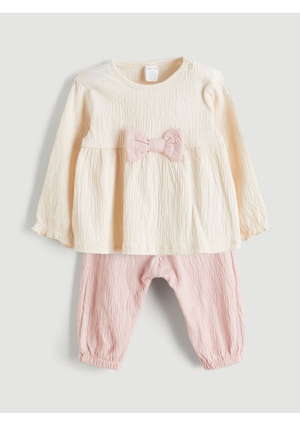 Yeni Sezon Bisiklet Yaka Fiyonk Detaylı Kız Bebek Bluz ve Pantolon