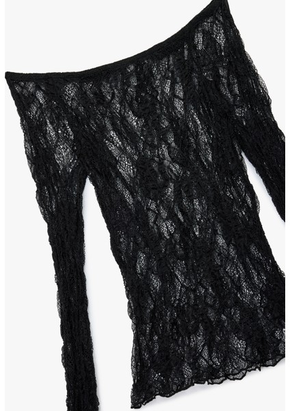 Kayık Yaka Slim Fit Uzun Ispanyol Kollu Dantel Tişört modelleri