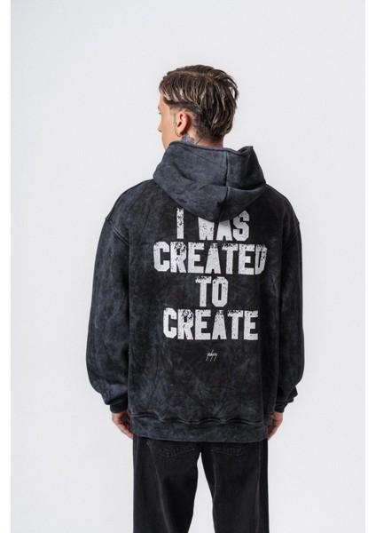 Erkek Create Baskılı Kapüşonlu Oversize Hoodie Siyah