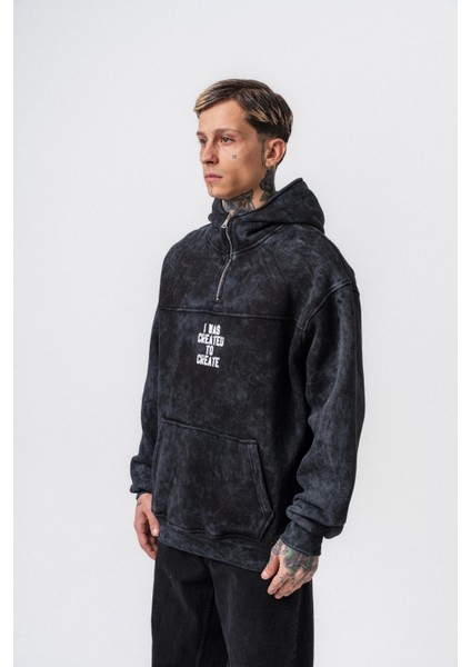 Erkek Create Baskılı Kapüşonlu Oversize Hoodie Siyah modelleri