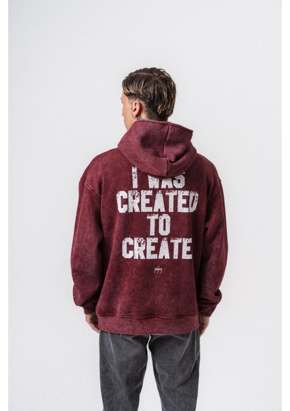 Erkek Create Baskılı Kapüşonlu Oversize Hoodie Bordo