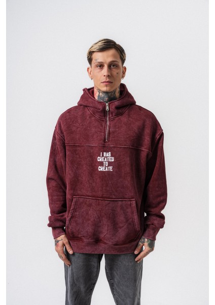 Erkek Create Baskılı Kapüşonlu Oversize Hoodie Bordo fiyatları