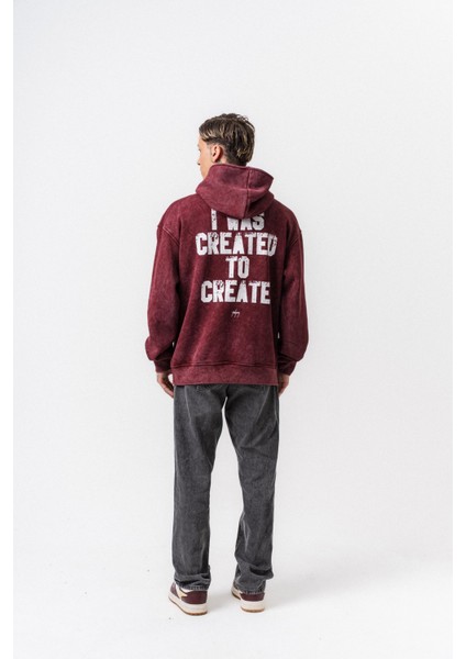 Erkek Create Baskılı Kapüşonlu Oversize Hoodie Bordo fırsatları